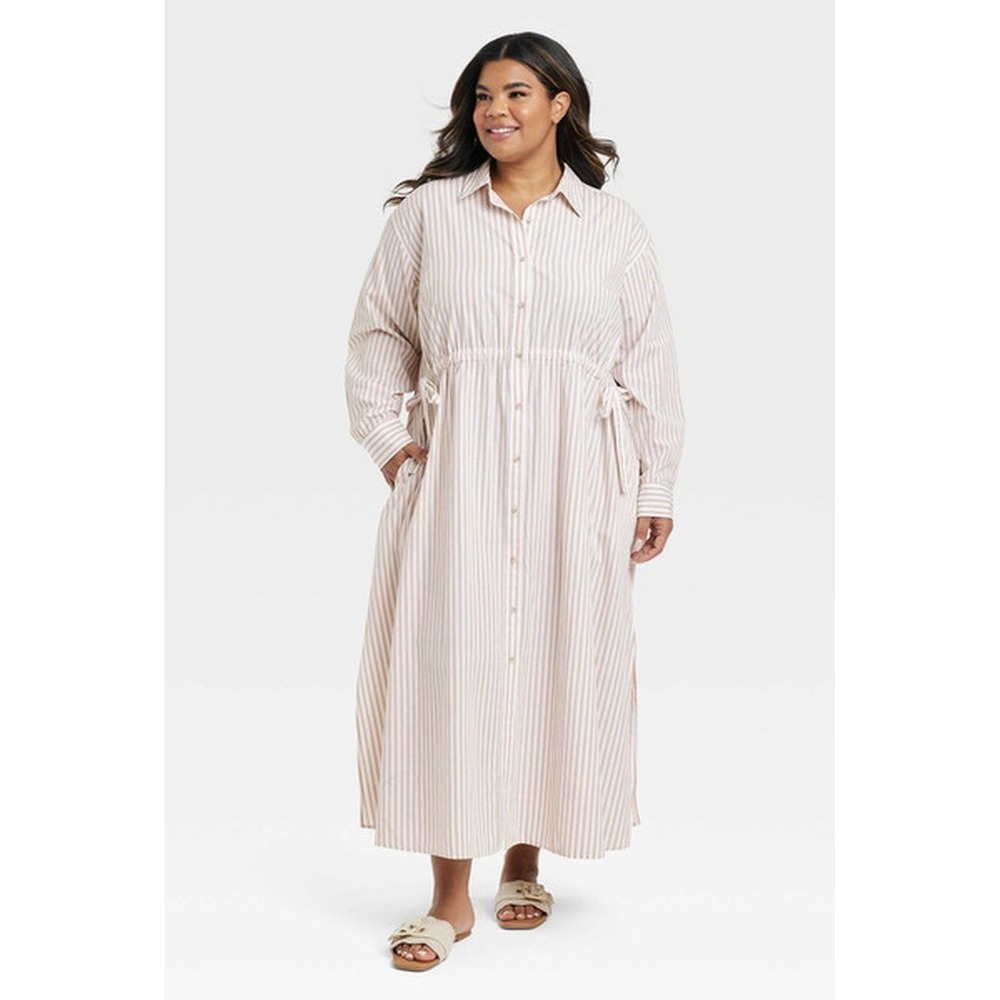 NWOT Universal Thread Stripe Cinch Waist Shirt Dress M Tan Maxi Quiet Luxury